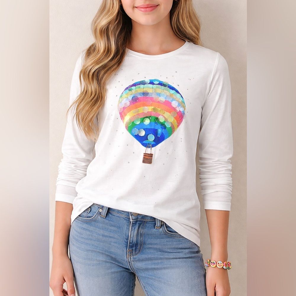 1989 Place Girls 14/16 Rainbow Hot Air Balloon Long Sleeve Graphic Tee